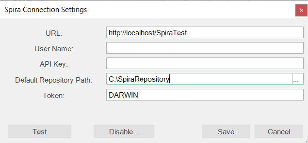 SpiraTest connection dialog