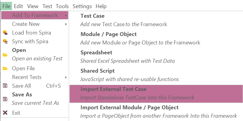 Import Test Case via Main Menu