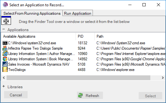 select an application to record dialog, select application table