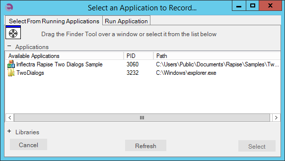 select an application to record dialog