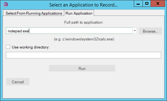 select an application to record dialog-run application tab