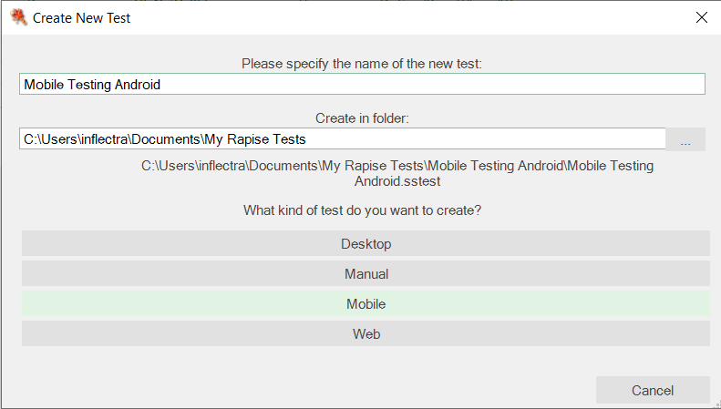 create new test dialog mobile selected