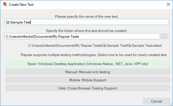 create new test dialog